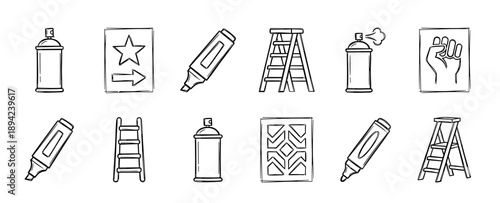 Hand-drawn set of graffiti art icons including spray cans, markers, stencils, and ladders in a simple black and white doodle style for street art and urban culture concepts