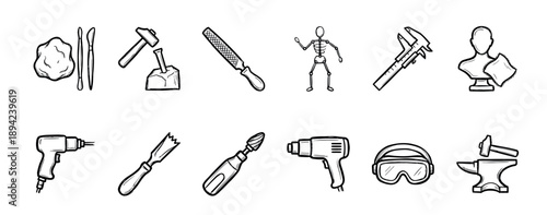 Hand-drawn black and white icons of sculpting tools for carving and modeling arranged in a set, including a hammer, chisel, clay, anvil, and other workshop equipment in a sketch style