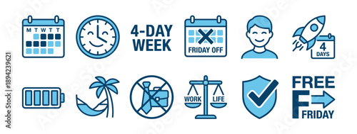Four-day work week icon set with blue graphic illustrations of a calendar, clock, balanced scales, and a happy employee, symbolizing a modern and flexible work schedule