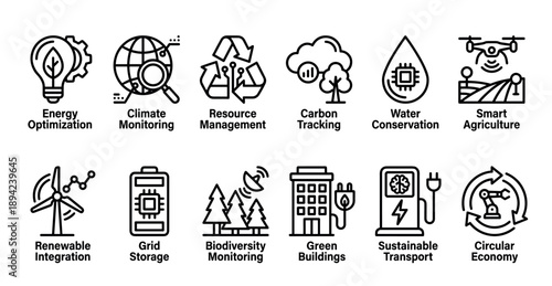 Set of black line icons representing sustainability concepts like renewable energy, climate monitoring, circular economy, and smart agriculture, presented as a clear vector infographic