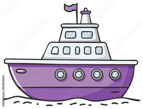Cartoon purple ship with flag sailing on wavy water