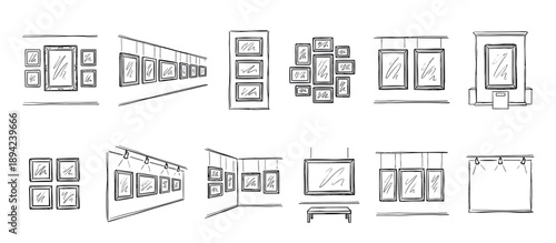 Set of hand-drawn sketches showing various gallery wall layouts with framed pictures, showcasing different exhibition display ideas in a minimalist black and white doodle style