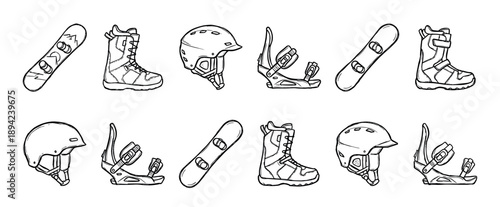 Hand-drawn set of snowboarding equipment including snowboards, boots, bindings, and helmets in a black and white line art illustration style, representing winter sports gear