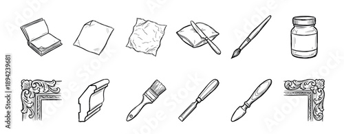 Collection of hand-drawn gilding tools and materials including gold leaf, brushes, a gilder's cushion, and ornate frame corners in a vintage sketch style for craft and restoration