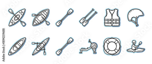 Set of kayaking and canoeing equipment icons in a hand-drawn doodle style, including boats, paddles, a life vest, helmet, lifebuoy, and a rowing machine for water sports