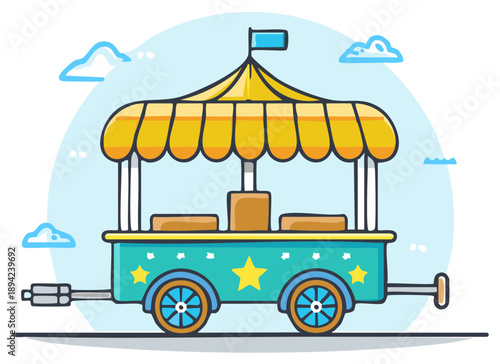 Bright cartoon carnival cart featuring striped awning and star decorations, a playful vector illustration for fair themes.