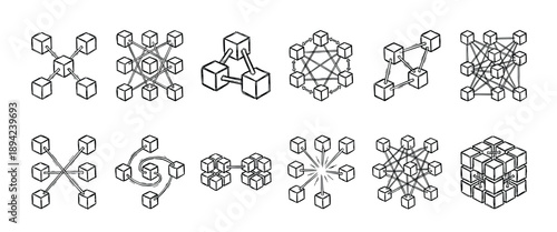 Collection of hand-drawn network structure icons with connected cubes illustrating concepts like blockchain, data, and decentralized systems in a simple line art style