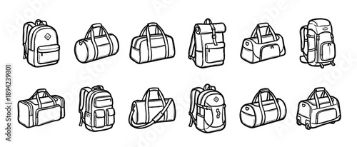 Collection of various bags and backpacks in a hand-drawn line art style, featuring different types of luggage like duffel bags, rucksacks, and travel packs for sport and tourism
