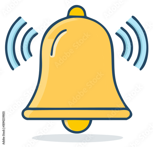 Ringing gold bell with sound waves, signal alert notification, simple icon for reminder, attention, symbol.