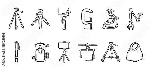Set of hand-drawn camera support equipment illustrations in a black and white line art style, showing tripods, a gimbal, monopod, clamps, and mounts for filmmaking and photography