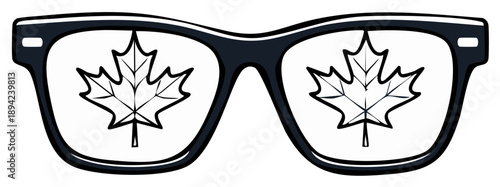 Stylized eyeglasses with maple leaf reflections symbolizing Canadian identity and vision