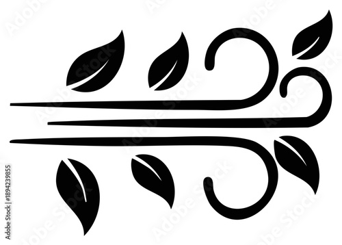 Stylized Black Silhouette of Leaves Blown by Wind