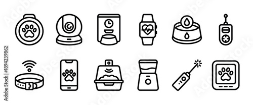 Set of pet technology icons in a minimalist line art style, including a smart collar, automatic feeder, camera, tracker, and other modern gadgets for animal care