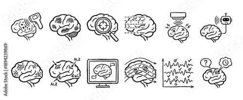 Collection of hand-drawn doodle icons showing Alzheimer's disease, dementia, and neurological disorders, illustrating diagnosis, memory loss, brain scans, and medical science