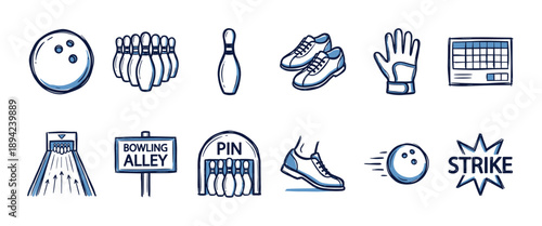 Collection of hand-drawn bowling icons featuring a ball, pins, shoes, glove, and scoreboard in a blue and black doodle sketch style for sports and recreation concepts
