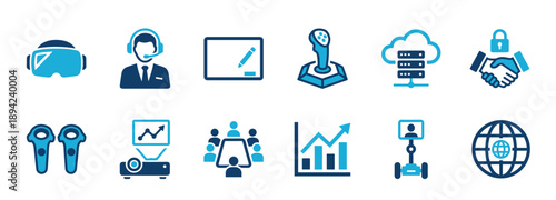 Set of blue vector icons representing virtual reality, business technology, and remote collaboration concepts like VR headsets, meetings, and data analytics for modern communication