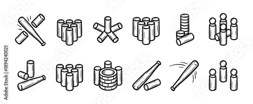 Set of hand-drawn Gorodki game icons showing wooden pins and a bat in various positions for the traditional throwing sport, rendered in a simple black and white sketch style