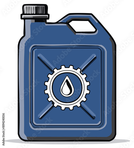 Blue plastic jerrycan with a white gear and teardrop icon symbol of motor oil automotive fuel tank for lubricant fluids and liquid refills