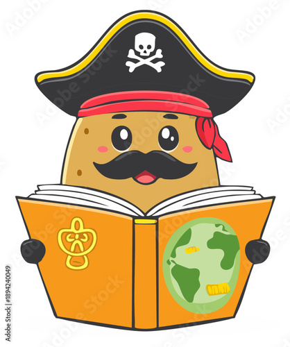 Cartoon pirate potato with mustache reading a book about the globe and adventure