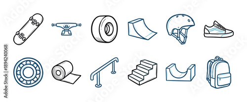 Set of skateboarding equipment icons drawn in a hand-drawn doodle style featuring a skateboard, helmet, ramp, wheel, and other skate park elements with blue accents