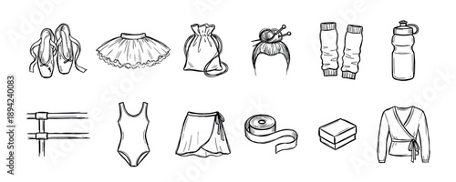 Hand-drawn set of ballet accessories and dancewear essentials including pointe shoes, a tutu, and a leotard in a black and white doodle sketch style illustration
