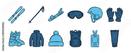 Collection of blue ski equipment illustrations including skis, boots, helmet, goggles, and clothing in a hand-drawn sketch style for winter sports and recreation
