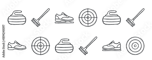Set of hand-drawn curling sport icons featuring stones, brooms, shoes, and targets in a simple black outline doodle style, illustrating winter game equipment
