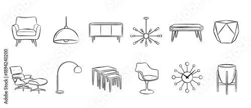 Hand-drawn collection of mid-century modern furniture and home decor icons in a simple black and white sketch style, featuring iconic chairs, lamps, and tables