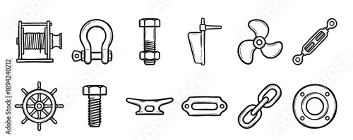 Hand-drawn set of nautical icons featuring marine hardware and ship parts like a winch, shackle, propeller, and helm, presented in a black outline sketch style illustration