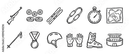 Hand drawn black and white biathlon icons showing sports equipment and symbols for competition, including a rifle, targets, skis, medal, and stopwatch in a doodle sketch style