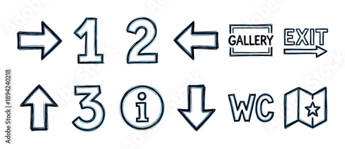 Hand drawn navigation icons and symbols set with arrows, numbers, gallery, exit, and information signs in a sketchy doodle style with a blue shadow effect for wayfinding
