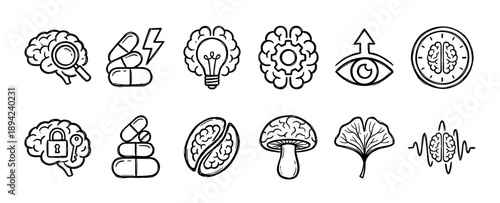 Hand-drawn doodle icon set illustrating nootropics, biohacking, and cognitive enhancement concepts with brain, pills, mushroom, and ginkgo symbols in a simple line art style