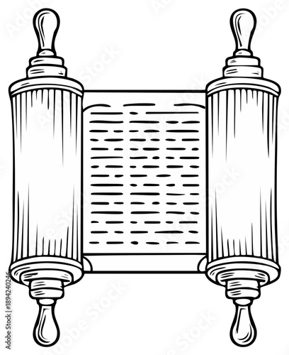 Illustration of a Torah Scroll with Ornate Rollers and Text