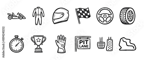 Hand drawn go kart racing icon set featuring a helmet, checkered flag, trophy, and other motorsport elements in a simple black and white doodle sketch style