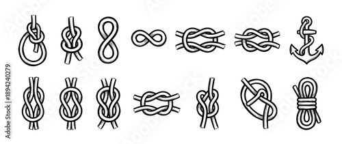 Set of various nautical rope knots and an anchor icon in a black and white hand-drawn sketch style, showing different types of hitches and loops for sailing or survival