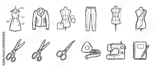 Hand-drawn sewing and tailoring icons set with a sewing machine, mannequin, scissors, and clothes for fashion design, presented in a black and white sketch illustration
