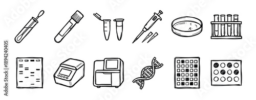Hand-drawn molecular biology laboratory equipment icons set in a black and white doodle style, including DNA helix, PCR machine, test tubes, and pipette for scientific illustration