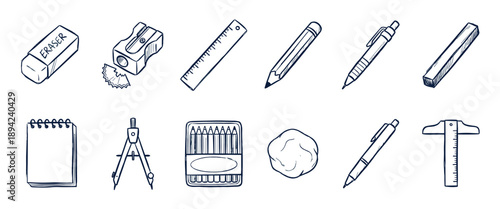 Hand-drawn collection of stationery items featuring a pencil, pen, ruler, eraser, sharpener, and compass in a blue line art doodle style for education or creative projects