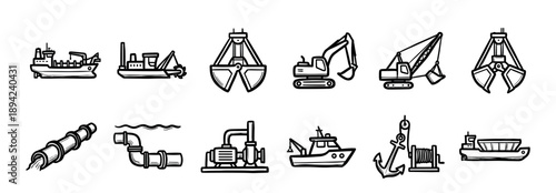 Dredging and marine construction equipment icon set with hand-drawn illustrations of a dredger ship, excavator, crane, pipeline, and grab bucket in a monochrome line art style