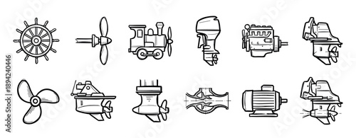 Set of hand-drawn black line icons featuring various mechanical parts like engines, motors, propellers, a ship's helm, and a locomotive in a simple doodle sketch style