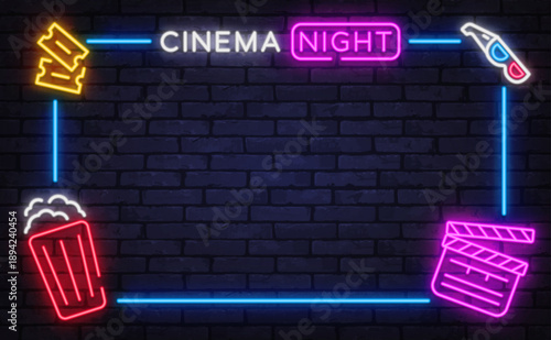 Neon cinema night sign with popcorn, tickets, glasses, and clapperboard. Entertainment themed frame perfect for movie events and promotions.