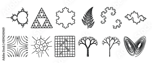 Hand-drawn collection of various fractal, chaos theory, and mathematical diagrams including the Mandelbrot set, Sierpinski triangle, and Lorenz attractor in a black ink sketch style