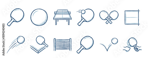 Hand-drawn table tennis icon set in a blue doodle style featuring various sports equipment like a paddle, ball, net, and table for game illustration
