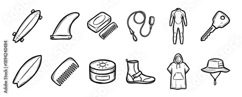 Hand-drawn surfing and skateboarding equipment icons featuring a surfboard, longboard, wetsuit, fin, leash, wax, and reef booties in a simple black line art sketch set