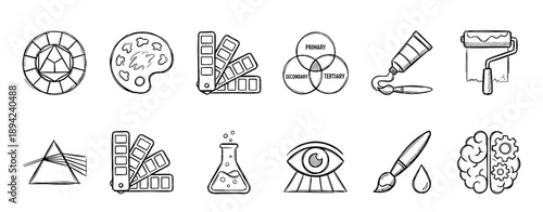 Set of black and white sketch icons for art and design, illustrating color theory concepts like the color wheel, palette, swatches, prism, paint tube, and creative brain