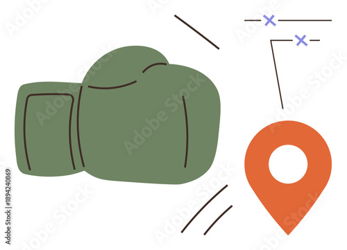 Conflict resolution, sports competition, strategy planning, location targeting, combat metaphor, determination. Green boxing glove paired with orange location pin. Sports competition and strategy