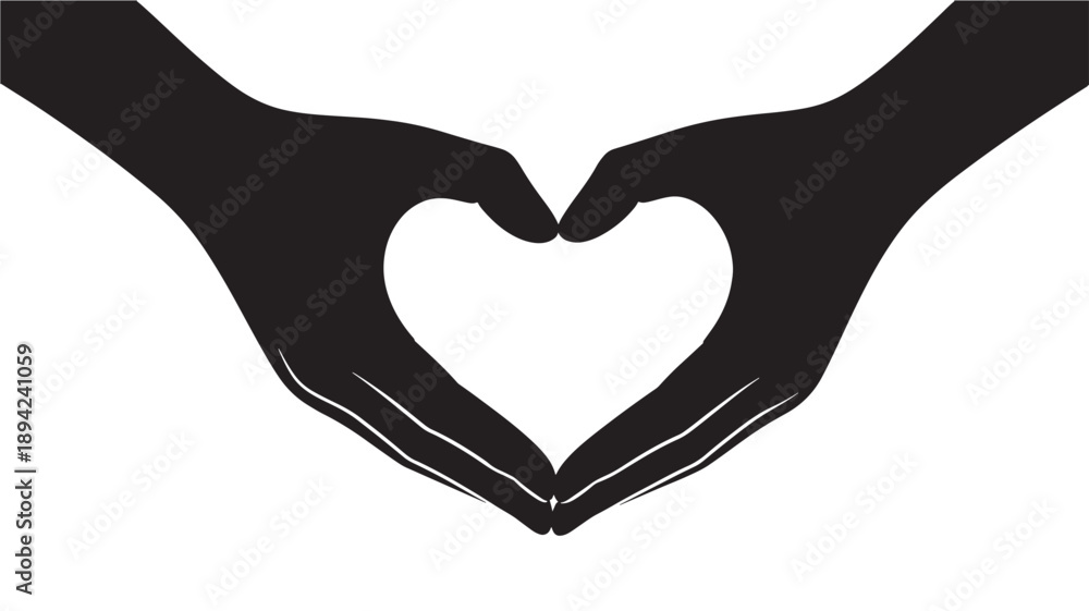 Fototapeta premium Hands forming a heart shape in minimalist black silhouette on white background for charity illustration