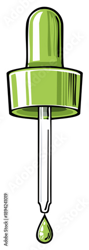 Green dropper with a single drop of liquid serum or oil vector illustration