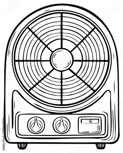 Black and white illustration of a vintage portable electric space heater with adjustable knobs and protective grill