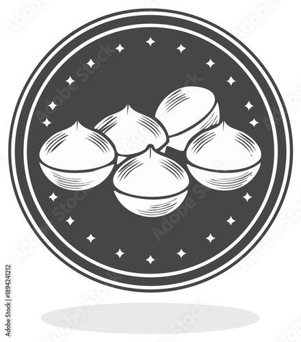 Monochrome vector drawing of whole macadamia nuts in a classic circular badge with star accents
